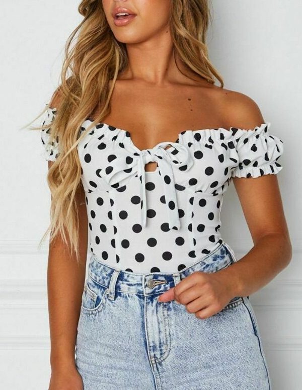 The Best Women Summer Casual Off Shoulder Ruffles Trim V Neck Bowknot Tank Dot Print Vest Puff Sleeve Sleeveless Crop Tops Tee Online - Takalr