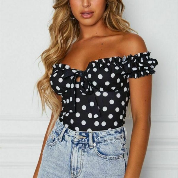 The Best Women Summer Casual Off Shoulder Ruffles Trim V Neck Bowknot Tank Dot Print Vest Puff Sleeve Sleeveless Crop Tops Tee Online - Takalr