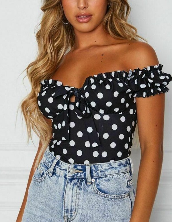 The Best Women Summer Casual Off Shoulder Ruffles Trim V Neck Bowknot Tank Dot Print Vest Puff Sleeve Sleeveless Crop Tops Tee Online - Takalr