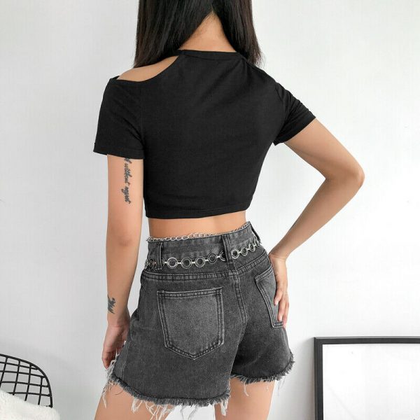 The Best Women Summer Casual Off Shoulder Tank Top Blouse Short Sleeve Crew Neck Chain Slim Fit Stretch Crop Tops Online - Takalr