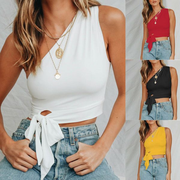 The Best Women Summer Casual Off Shoulder Tank Top Vest Fashion Bowknot Sleeveless Crop Top Shirt Beach Holiday Solid Short Tops New Online - Takalr