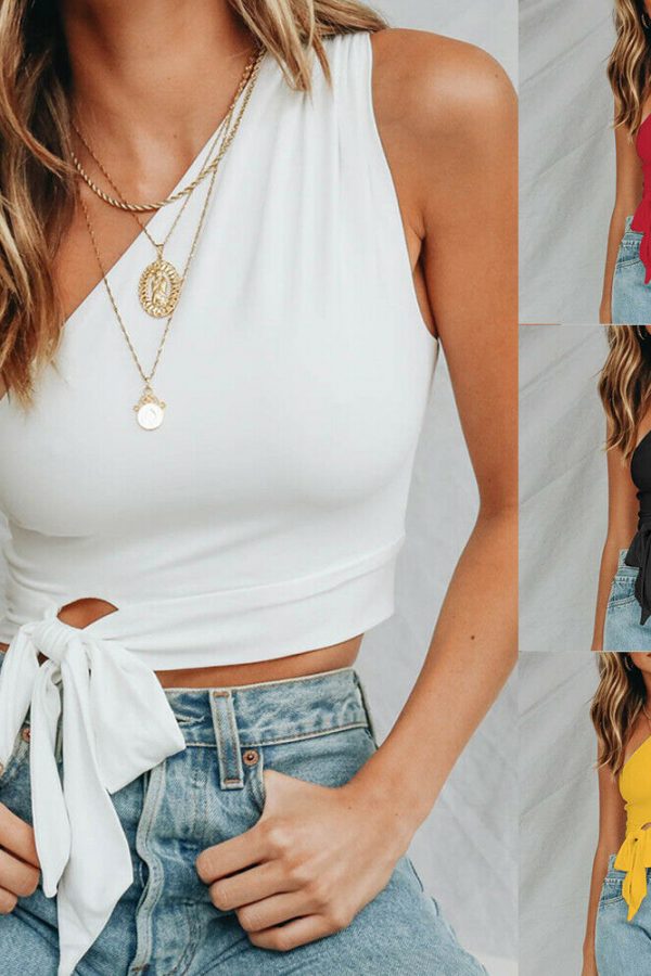 The Best Women Summer Casual Off Shoulder Tank Top Vest Fashion Bowknot Sleeveless Crop Top Shirt Beach Holiday Solid Short Tops New Online - Takalr