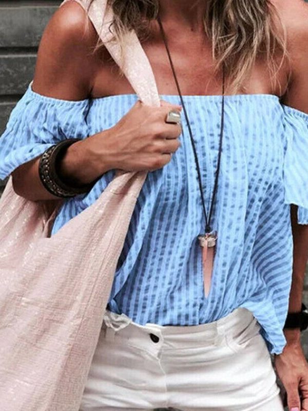 The Best Women Summer Casual Off Shoulder Tops Ladies Holiday Party Blouse Plus Size Loose Striped Top Shirt Summer Clothes Online - Takalr