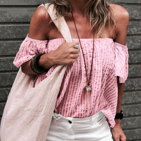 The Best Women Summer Casual Off Shoulder Tops Ladies Holiday Party Blouse Plus Size Loose Striped Top Shirt Summer Clothes Online - Takalr