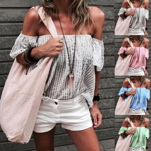 The Best Women Summer Casual Off Shoulder Tops Ladies Holiday Party Blouse Plus Size Loose Striped Top Shirt Summer Clothes Online - Takalr