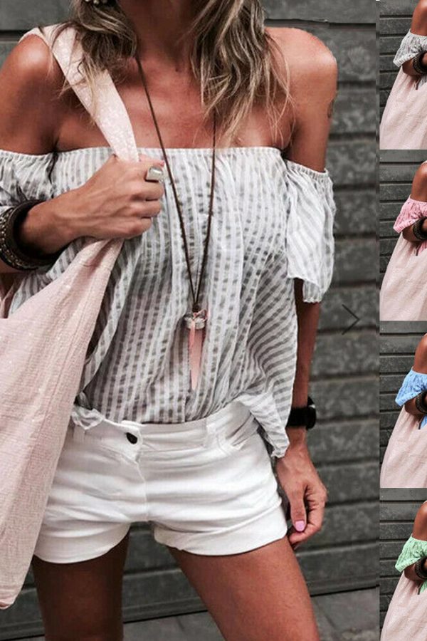 The Best Women Summer Casual Off Shoulder Tops Ladies Holiday Party Blouse Plus Size Loose Striped Top Shirt Summer Clothes Online - Takalr