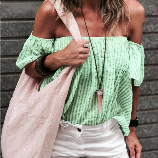 The Best Women Summer Casual Off Shoulder Tops Ladies Holiday Party Blouse Plus Size Loose Striped Top Shirt Summer Clothes Online - Takalr