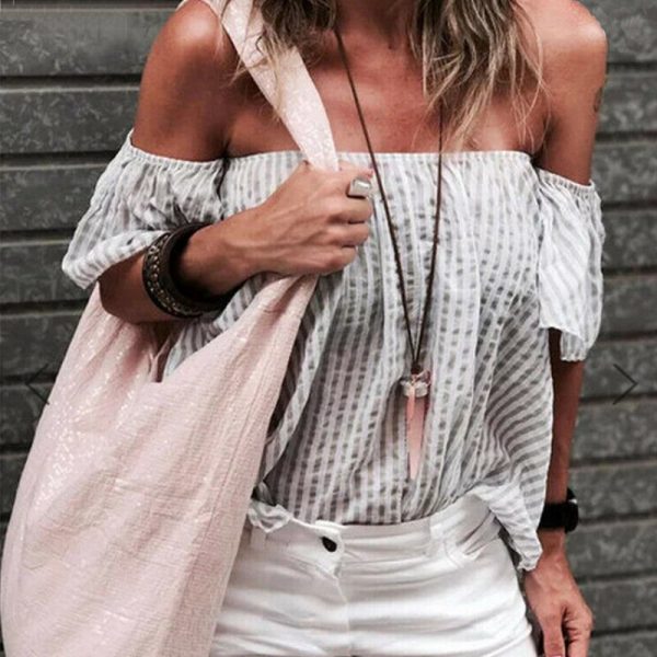 The Best Women Summer Casual Off Shoulder Tops Ladies Holiday Party Blouse Plus Size Loose Striped Top Shirt Summer Clothes Online - Takalr