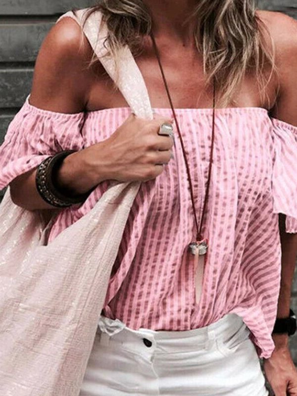 The Best Women Summer Casual Off Shoulder Tops Ladies Holiday Party Blouse Plus Size Loose Striped Top Shirt Summer Clothes Online - Takalr