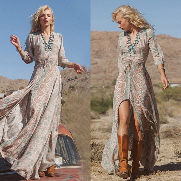 The Best Women Summer Chiffon Boho Long Maxi Dress Ladies Three Quarter Sleeve Fashion Summer Party Beach Loose Dresses Sundress Online - Takalr