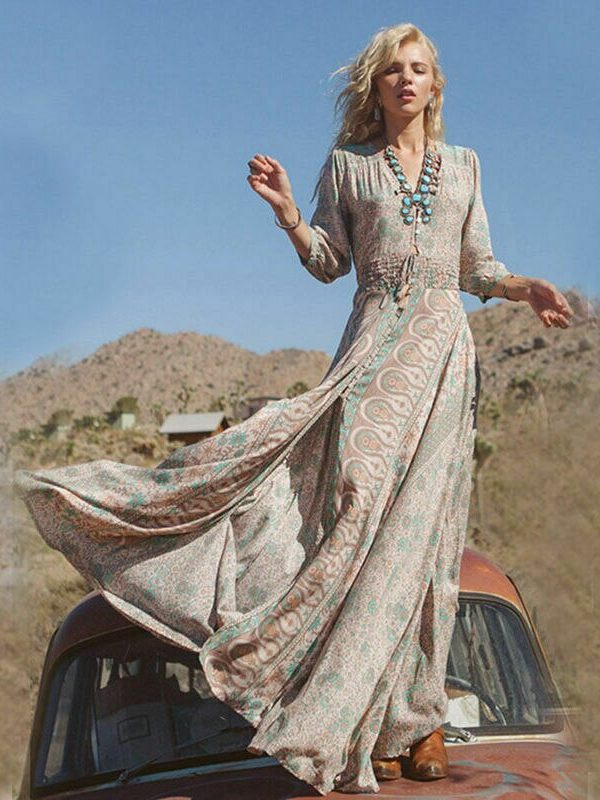 The Best Women Summer Chiffon Boho Long Maxi Dress Ladies Three Quarter Sleeve Fashion Summer Party Beach Loose Dresses Sundress Online - Takalr