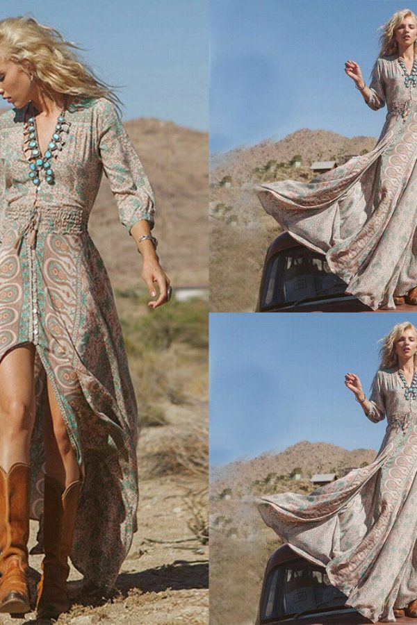 The Best Women Summer Chiffon Boho Long Maxi Dress Ladies Three Quarter Sleeve Fashion Summer Party Beach Loose Dresses Sundress Online - Takalr