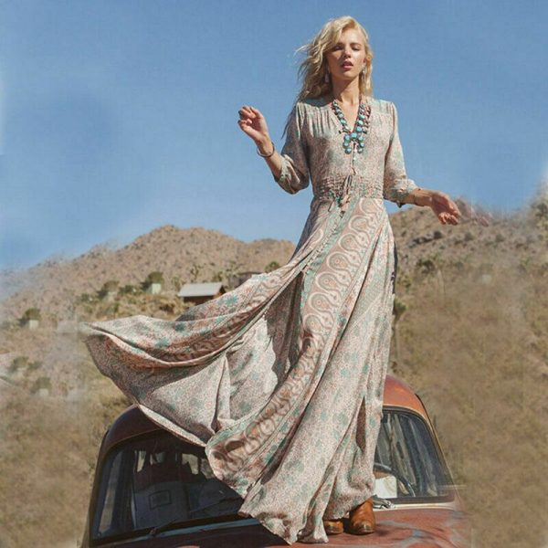 The Best Women Summer Chiffon Boho Long Maxi Dress Ladies Three Quarter Sleeve Fashion Summer Party Beach Loose Dresses Sundress Online - Takalr