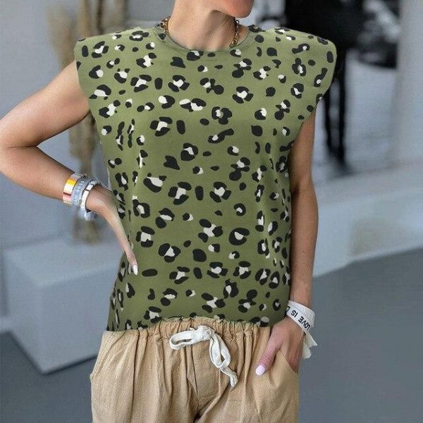 Women Summer Clothes Casual Round Neck Leopard Printed Sleeveless Women Tshirt Summer Tops and Shirt - Takalr