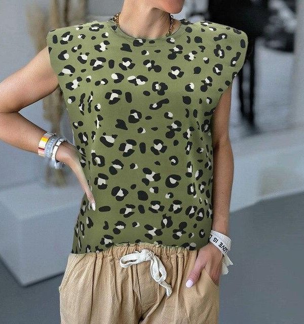 Women Summer Clothes Casual Round Neck Leopard Printed Sleeveless Women Tshirt Summer Tops and Shirt - Takalr