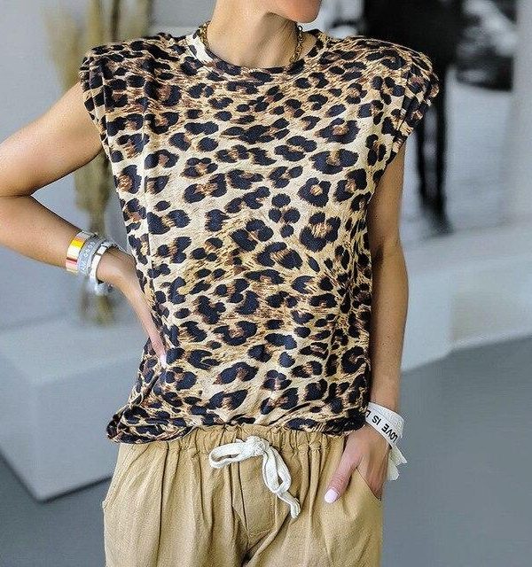 Women Summer Clothes Casual Round Neck Leopard Printed Sleeveless Women Tshirt Summer Tops and Shirt - Takalr