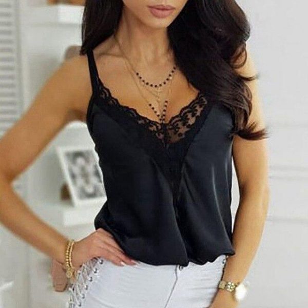 Women Summer Clothes Sexy Black White Lace Tank Tops Sleeveless Spaghetti Strap V Neck Cami Top Casual Loose Shirt Streetwear - Takalr