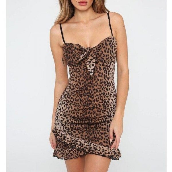 Women Summer Clothes Sexy Leopard Print Bodycon Mini Short Dress Spaghetti Strap Bow Ruffle Party Club Wrap Dresses Sundress - Takalr