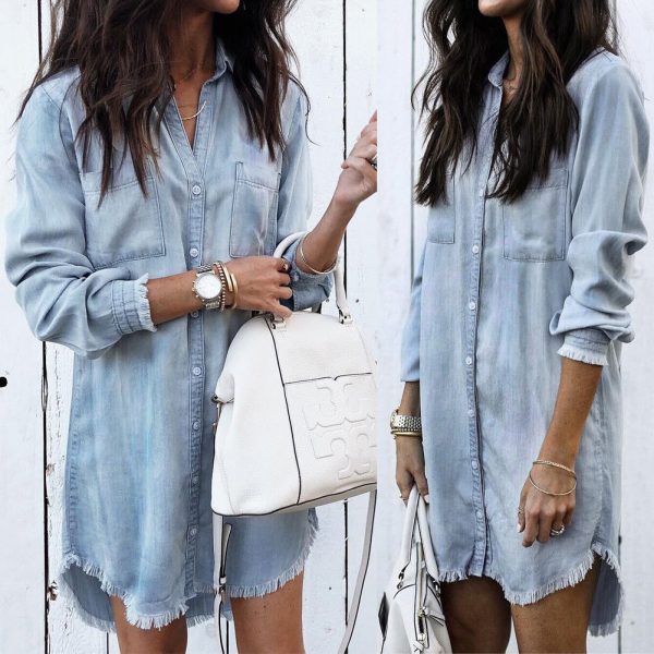 The Best Women Summer Denim Jeans Button Baggy Tunic Blouse Top Fashion Ladies Long Sleeve Casual V-Neck Shirts Tee HOT Online - Takalr