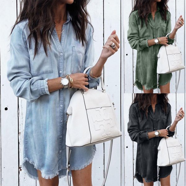 The Best Women Summer Denim Jeans Button Baggy Tunic Blouse Top Fashion Ladies Long Sleeve Casual V-Neck Shirts Tee HOT Online - Takalr