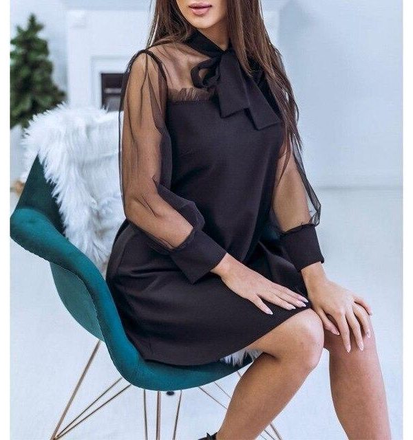 Women Summer Elegant Clothes Long Sleeve Sexy Black Ruffles Mesh See Through Mini Dress Lace Up Bow A-Line Dresses Vestidos - Takalr