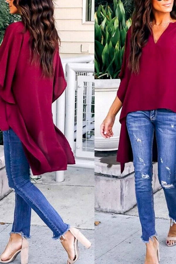 The Best Women Summer Elegant Irregular V-Neck Chiffon Blouses soft Tunic Casual Solid breathable Half batwing sleeve Top Shirts Online - Takalr