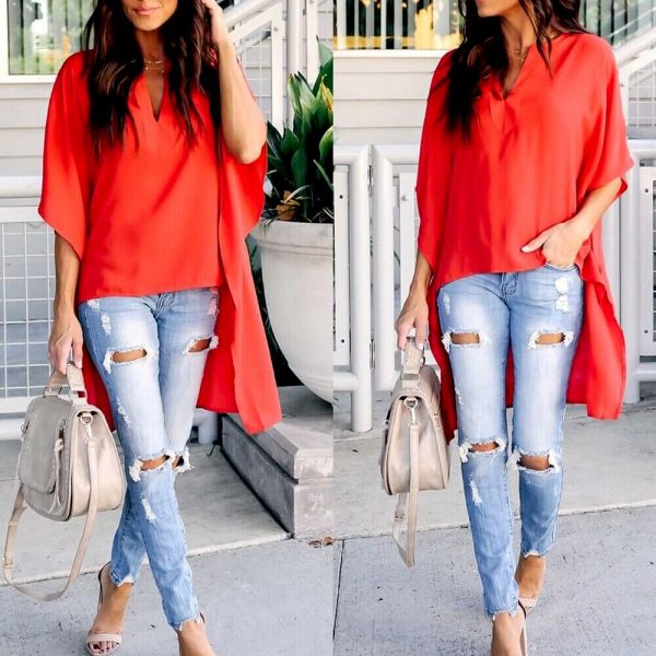 The Best Women Summer Elegant Irregular V-Neck Chiffon Blouses soft Tunic Casual Solid breathable Half batwing sleeve Top Shirts Online - Takalr