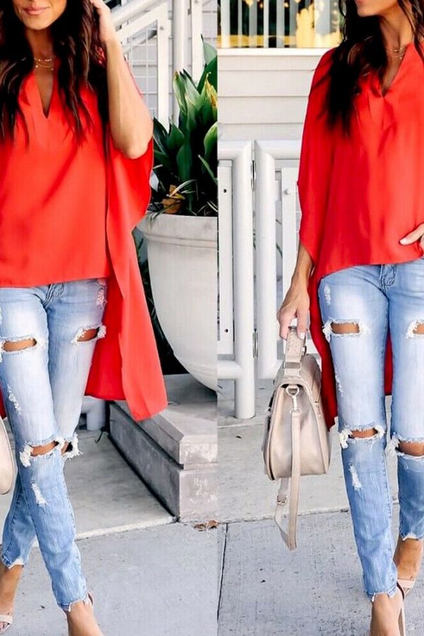 The Best Women Summer Elegant Irregular V-Neck Chiffon Blouses soft Tunic Casual Solid breathable Half batwing sleeve Top Shirts Online - Takalr