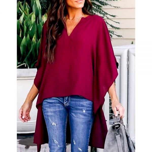 The Best Women Summer Elegant Irregular V-Neck Chiffon Blouses soft Tunic Casual Solid breathable Half batwing sleeve Top Shirts Online - Takalr