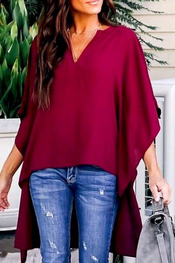 The Best Women Summer Elegant Irregular V-Neck Chiffon Blouses soft Tunic Casual Solid breathable Half batwing sleeve Top Shirts Online - Takalr