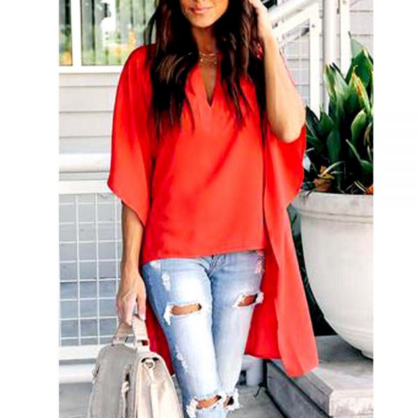 The Best Women Summer Elegant Irregular V-Neck Chiffon Blouses soft Tunic Casual Solid breathable Half batwing sleeve Top Shirts Online - Takalr