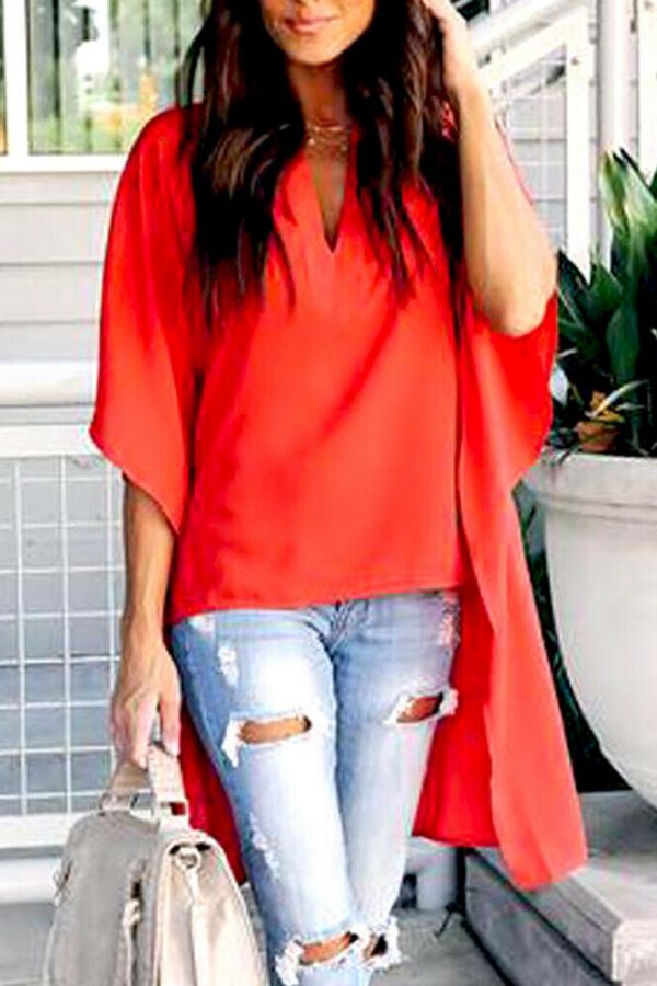 The Best Women Summer Elegant Irregular V-Neck Chiffon Blouses soft Tunic Casual Solid breathable Half batwing sleeve Top Shirts Online - Takalr