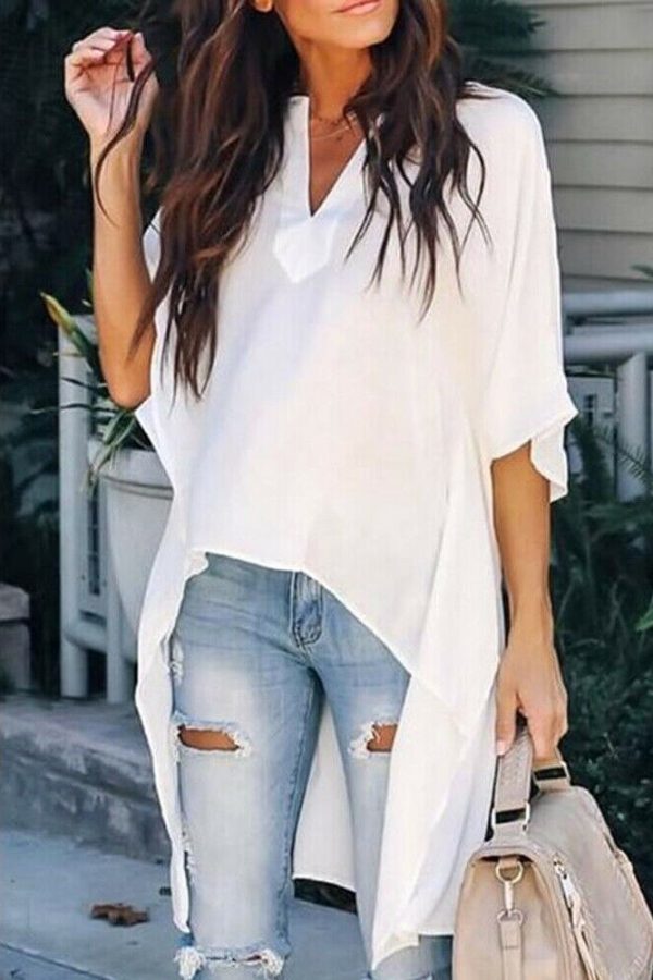 The Best Women Summer Elegant Irregular V-Neck Chiffon Blouses soft Tunic Casual Solid breathable Half batwing sleeve Top Shirts Online - Takalr