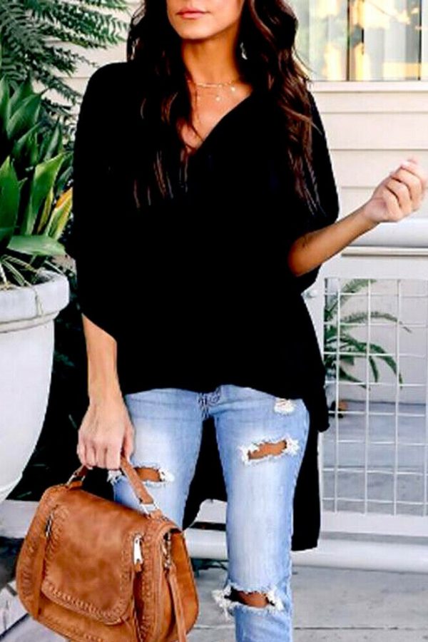 The Best Women Summer Elegant Irregular V-Neck Chiffon Blouses soft Tunic Casual Solid breathable Half batwing sleeve Top Shirts Online - Takalr