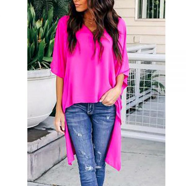 The Best Women Summer Elegant Irregular V-Neck Chiffon Blouses soft Tunic Casual Solid breathable Half batwing sleeve Top Shirts Online - Takalr