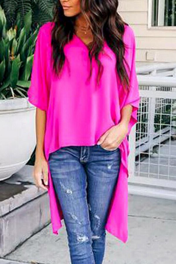 The Best Women Summer Elegant Irregular V-Neck Chiffon Blouses soft Tunic Casual Solid breathable Half batwing sleeve Top Shirts Online - Takalr