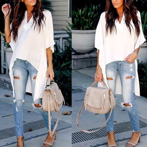 The Best Women Summer Elegant Irregular V-Neck Chiffon Blouses soft Tunic Casual Solid breathable Half batwing sleeve Top Shirts Online - Takalr