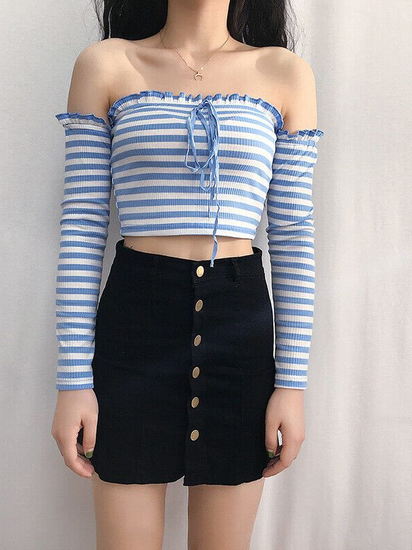 The Best Women Summer Fashion Striped Casual Off Shoulder Tank Top Vest Blouse Ladies Casual Crop Top Shirt Holiday Beach Shirts Online - Takalr