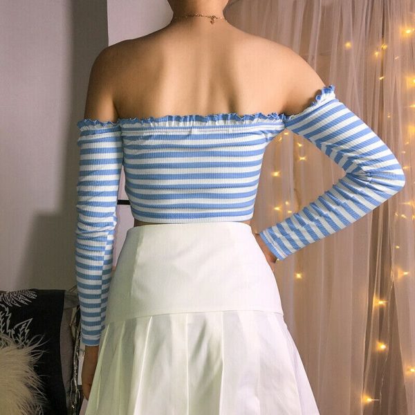 The Best Women Summer Fashion Striped Casual Off Shoulder Tank Top Vest Blouse Ladies Casual Crop Top Shirt Holiday Beach Shirts Online - Takalr