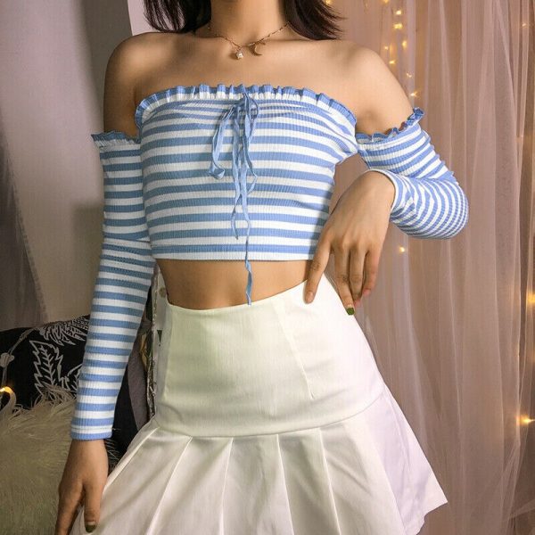 The Best Women Summer Fashion Striped Casual Off Shoulder Tank Top Vest Blouse Ladies Casual Crop Top Shirt Holiday Beach Shirts Online - Takalr