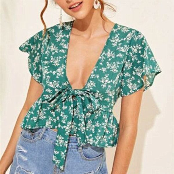 The Best Women Summer Floral Short Sleeve Low-cut Top Shirt 2019 New Fashion Ladies Casual Top Blouse Beach Holiday Clothing Online - Takalr