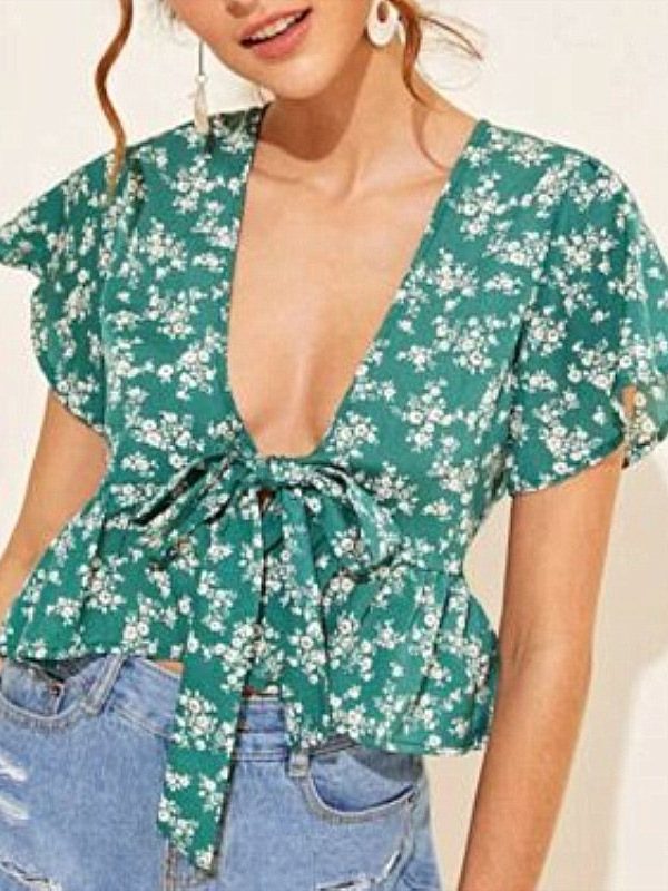 The Best Women Summer Floral Short Sleeve Low-cut Top Shirt 2019 New Fashion Ladies Casual Top Blouse Beach Holiday Clothing Online - Takalr