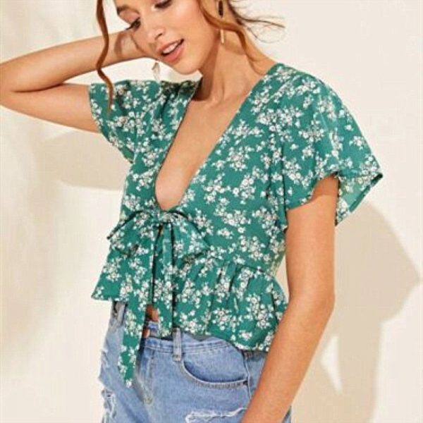 The Best Women Summer Floral Short Sleeve Low-cut Top Shirt 2019 New Fashion Ladies Casual Top Blouse Beach Holiday Clothing Online - Takalr