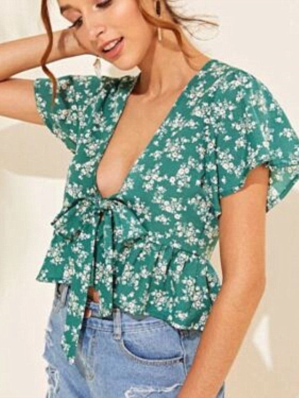 The Best Women Summer Floral Short Sleeve Low-cut Top Shirt 2019 New Fashion Ladies Casual Top Blouse Beach Holiday Clothing Online - Takalr