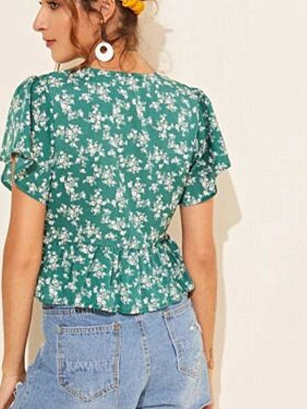 The Best Women Summer Floral Short Sleeve Low-cut Top Shirt 2019 New Fashion Ladies Casual Top Blouse Beach Holiday Clothing Online - Takalr