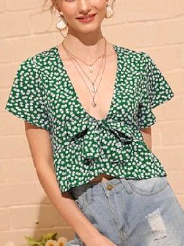 The Best Women Summer Floral Short Sleeve Low-cut Top Shirt 2019 New Fashion Ladies Casual Top Blouse Beach Holiday Clothing Online - Takalr