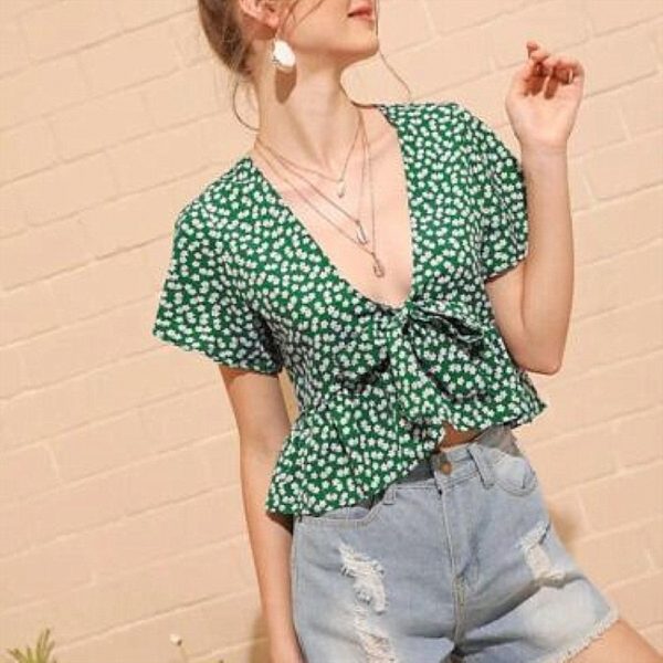 The Best Women Summer Floral Short Sleeve Low-cut Top Shirt 2019 New Fashion Ladies Casual Top Blouse Beach Holiday Clothing Online - Takalr