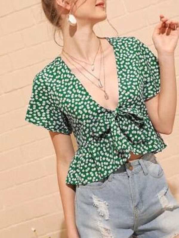 The Best Women Summer Floral Short Sleeve Low-cut Top Shirt 2019 New Fashion Ladies Casual Top Blouse Beach Holiday Clothing Online - Takalr