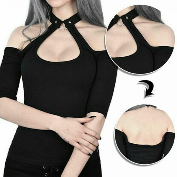 The Best Women Summer Gothic Tops Ladies Casual Off Shoulder Halter Neck Slim Chain Punk Crop Vest Tops Hot Online - Takalr