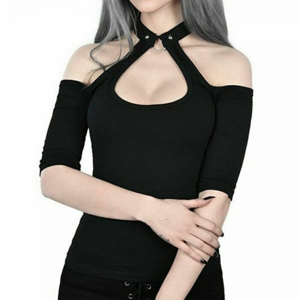 The Best Women Summer Gothic Tops Ladies Casual Off Shoulder Halter Neck Slim Chain Punk Crop Vest Tops Hot Online - Takalr